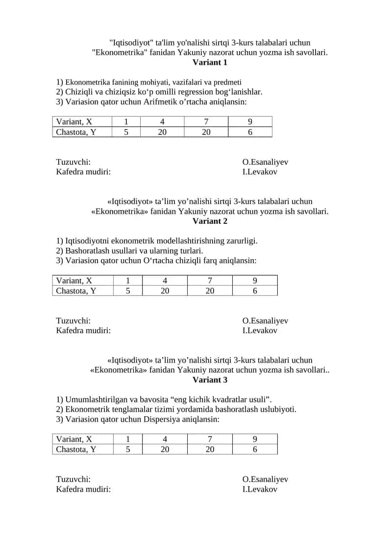 Ekonometrika fanidan Yakuniy nazorat uchun yozma ish savollari