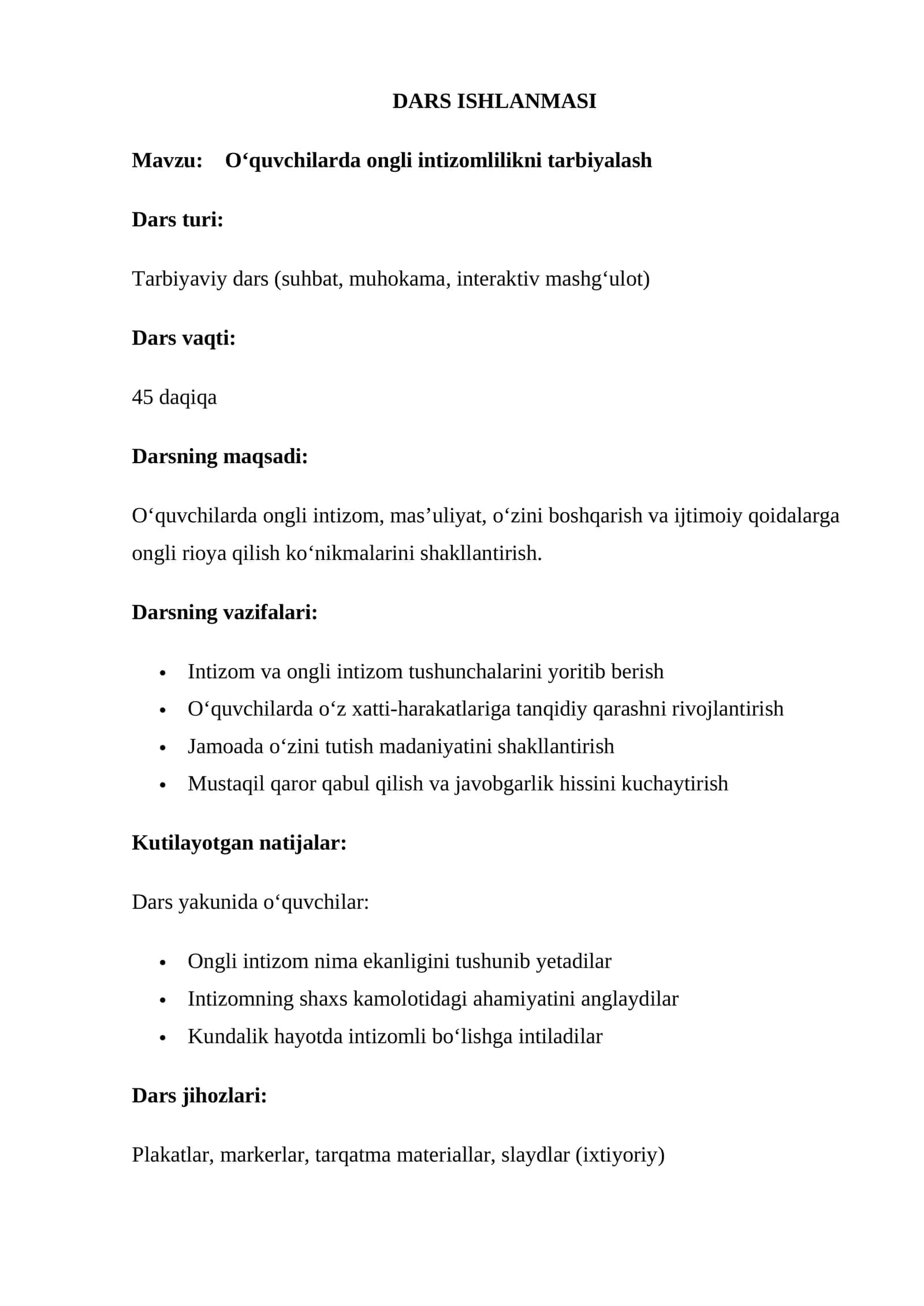 Mavzu: O‘quvchilarda ongli intizomlilikni tarbiyalash