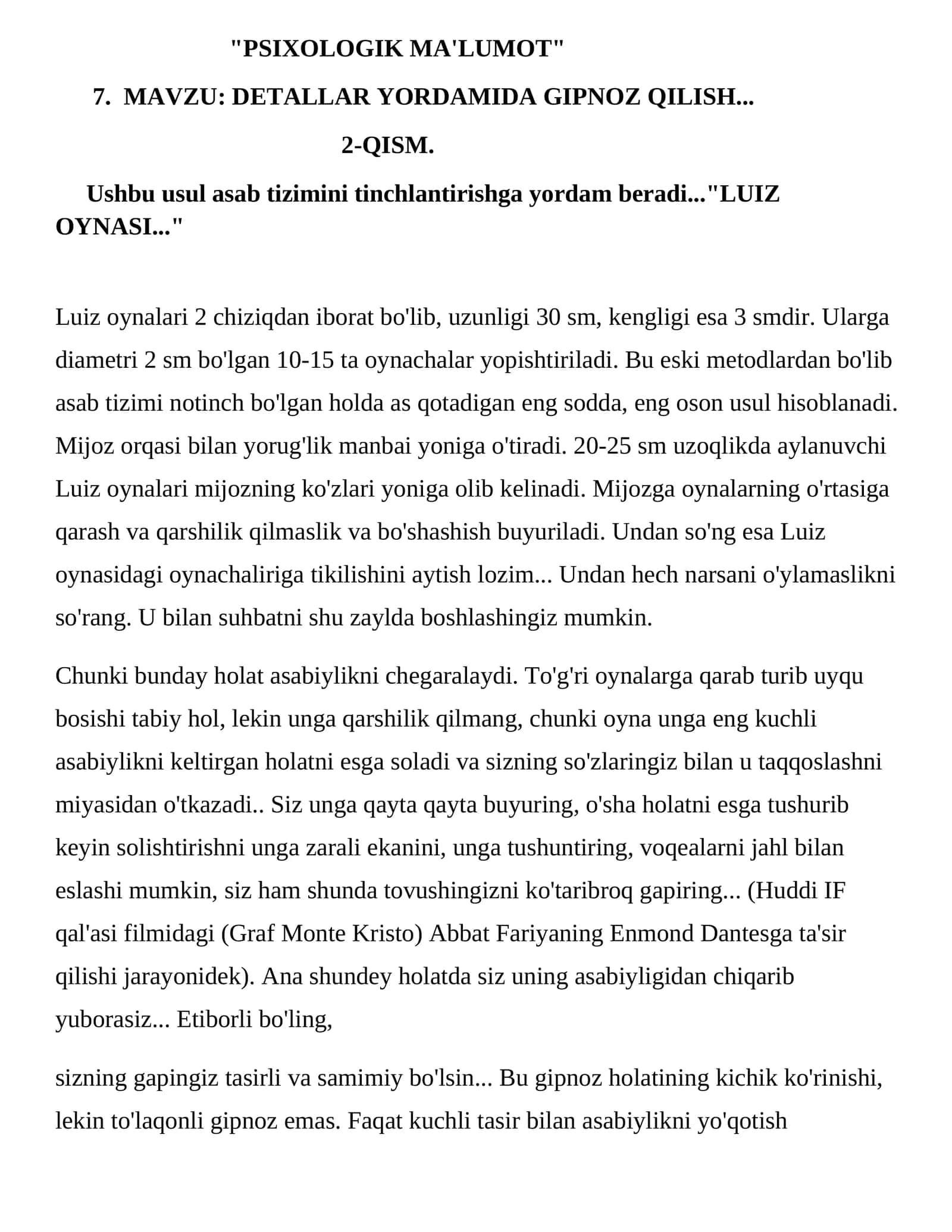 DETALLAR YORDAMIDA GIPNOZ QILISH