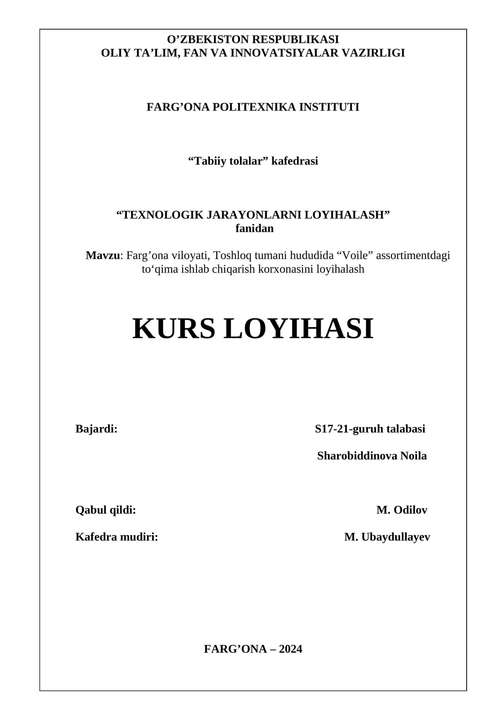 “Voile” assortimentdagi to‘qima ishlab chiqarish korxonasini loyihalash
