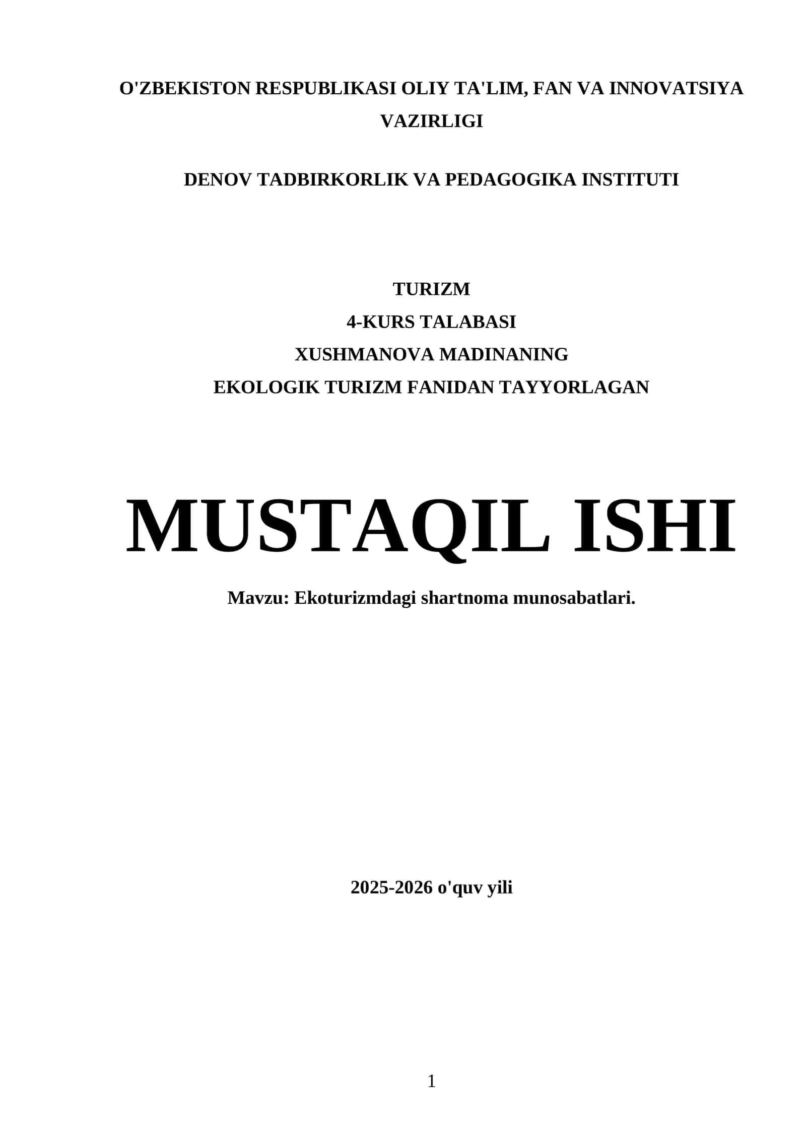 Ekoturizmdagi shartnoma munosabatlari