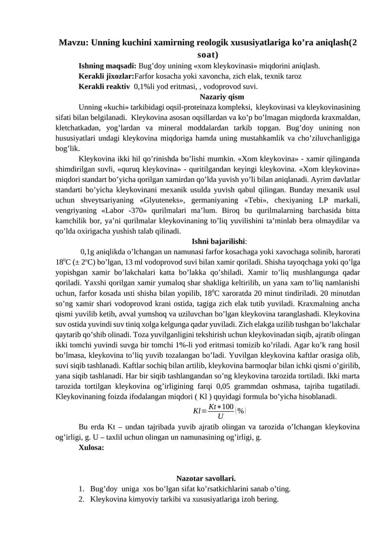 Unning kuchini xamirning reologik xususiyatlariga ko’ra aniqlash