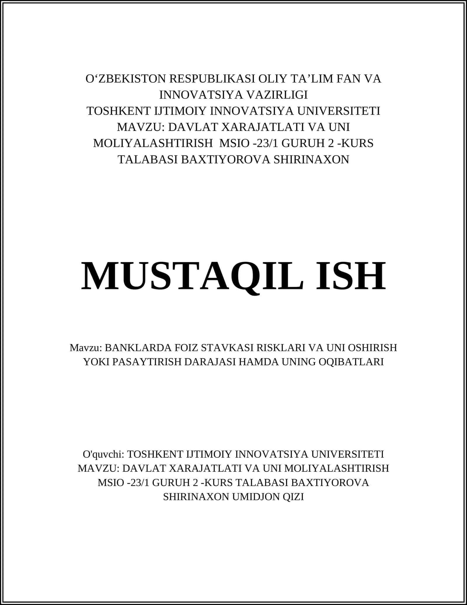 BANKLARDA FOIZ STAVKASI RISKLARI VA UNI OSHIRISH YOKI PASAYTIRISH DARAJASI HAMDA UNING OQIBATLARI