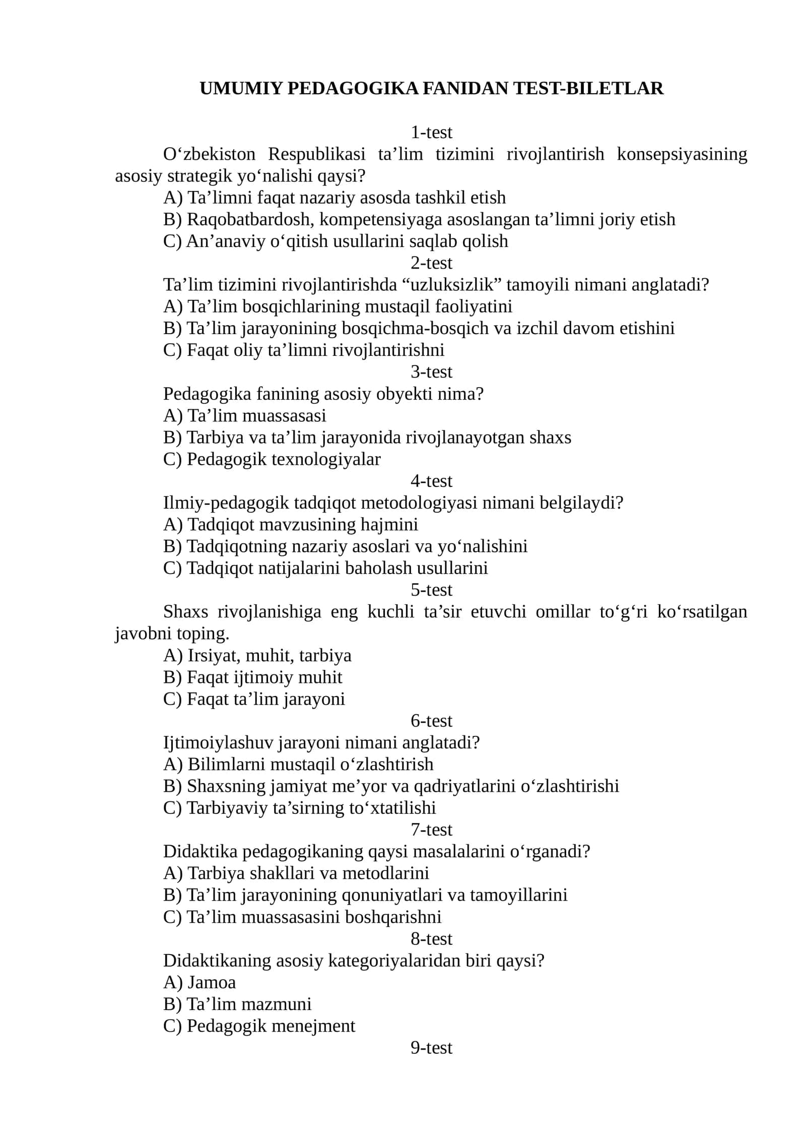 UMUMIY PEDAGOGIKA FANIDAN TEST-BILETLAR