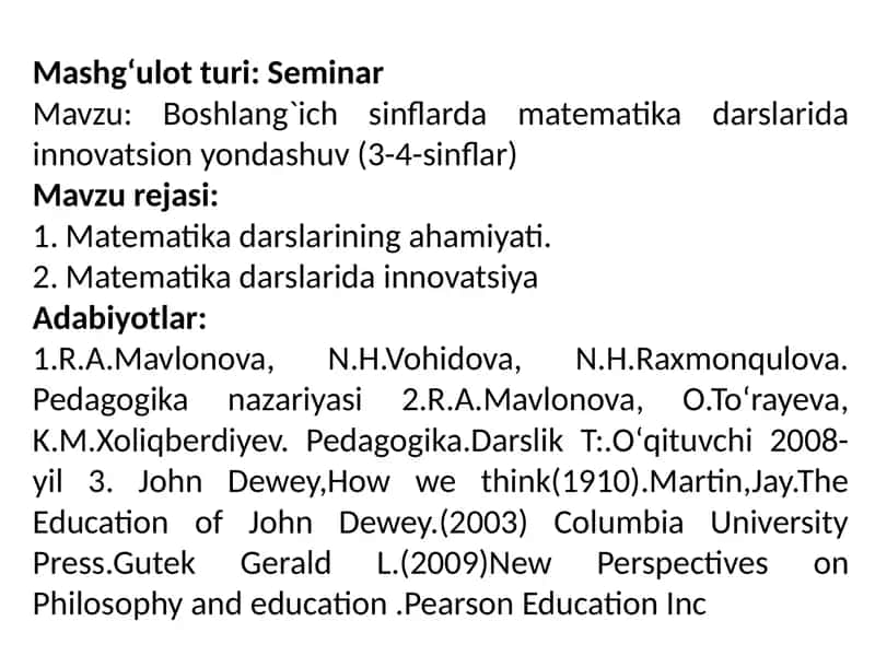 Boshlang`ich sinflar matematika darslari innovatsion yondashuv