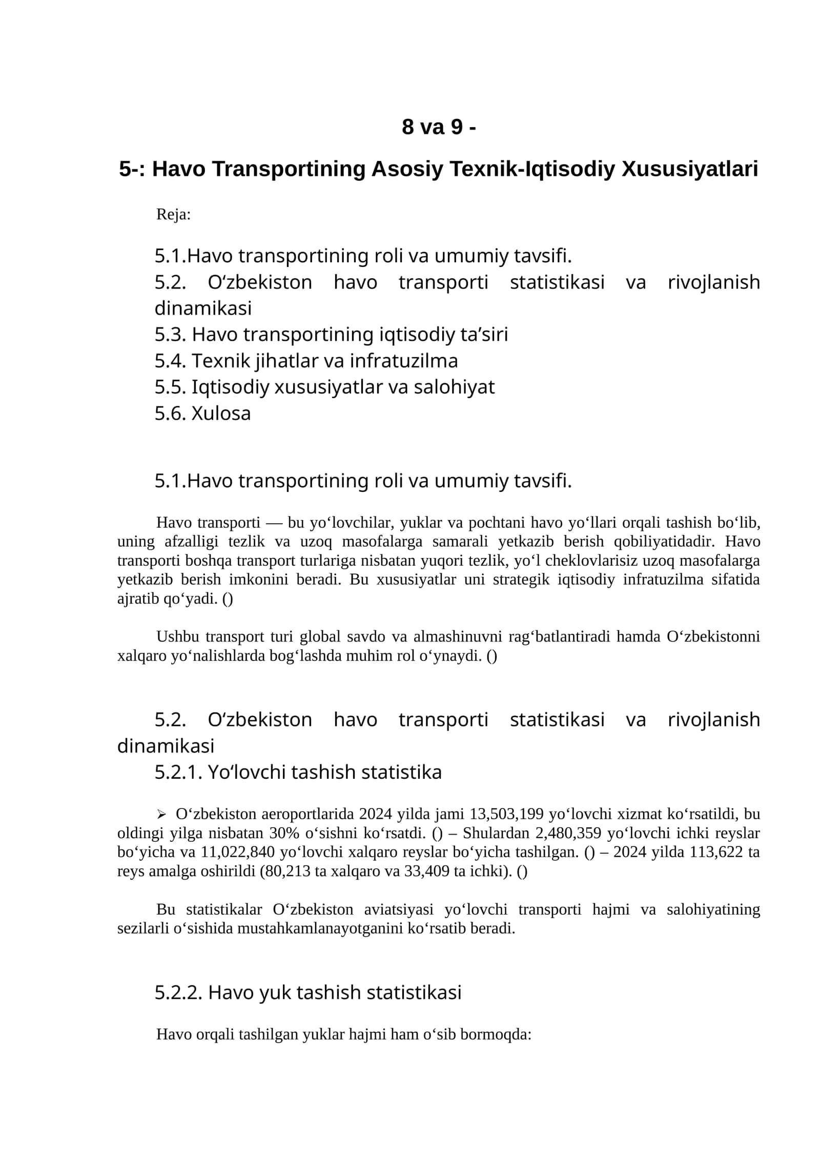 Havo Transportining Asosiy Texnik-Iqtisodiy Xususiyatlari