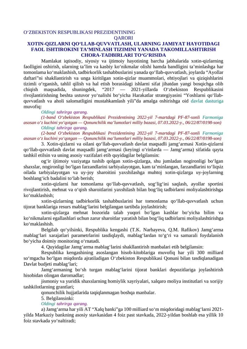 XOTIN-QIZLARNI QO‘LLAB-QUVVATLASH, ULARNING JAMIYAT HAYOTIDAGI FAOL ISHTIROKINI TA’MINLASH TIZIMINI YANADA TAKOMILLASHTIRISH CHORA-TADBIRLARI TO‘G‘RISIDA