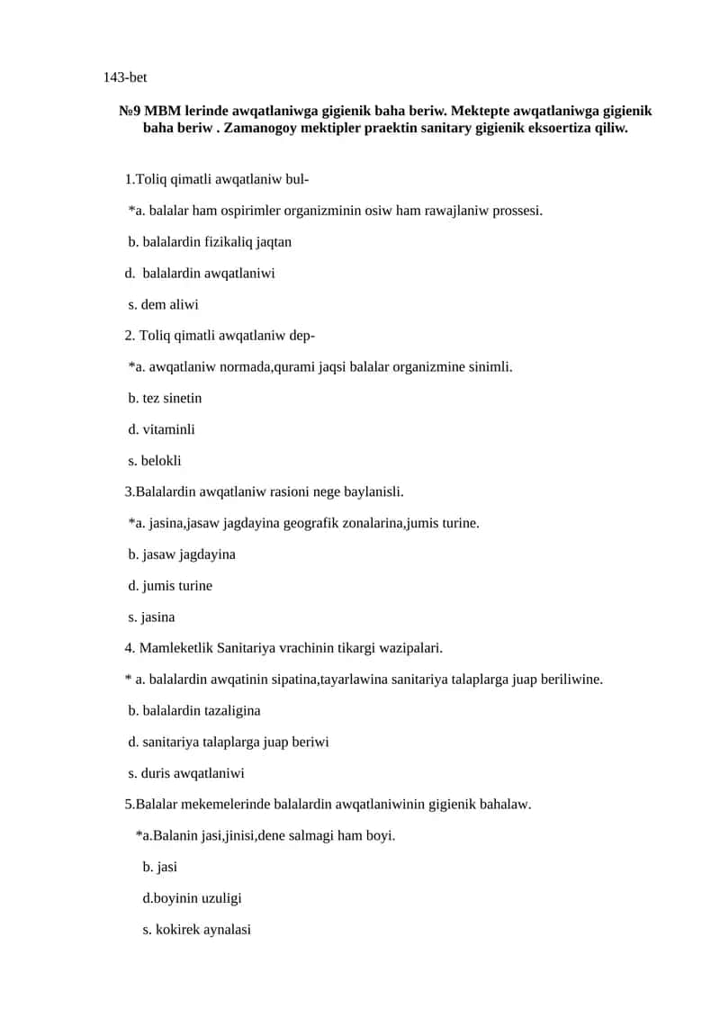 №9 MBM lerinde awqatlaniwga gigienik baha beriw