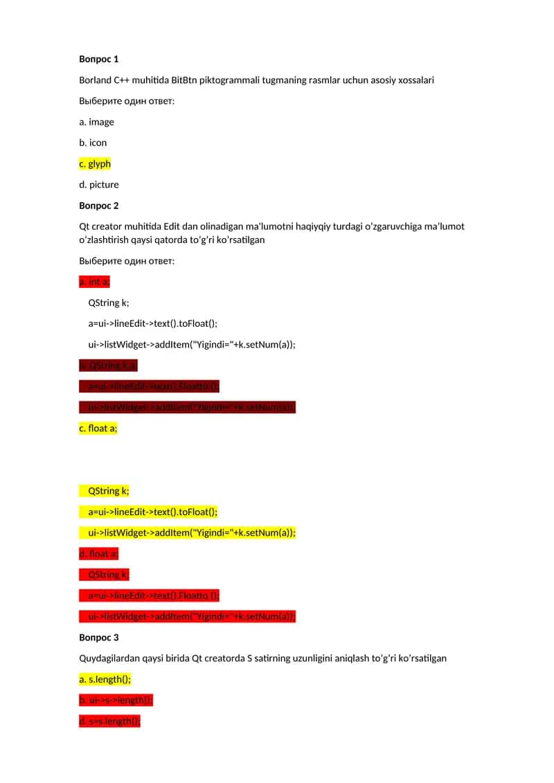 Borland C++ va Qt creator muhitida dasturlash bo'yicha savollar