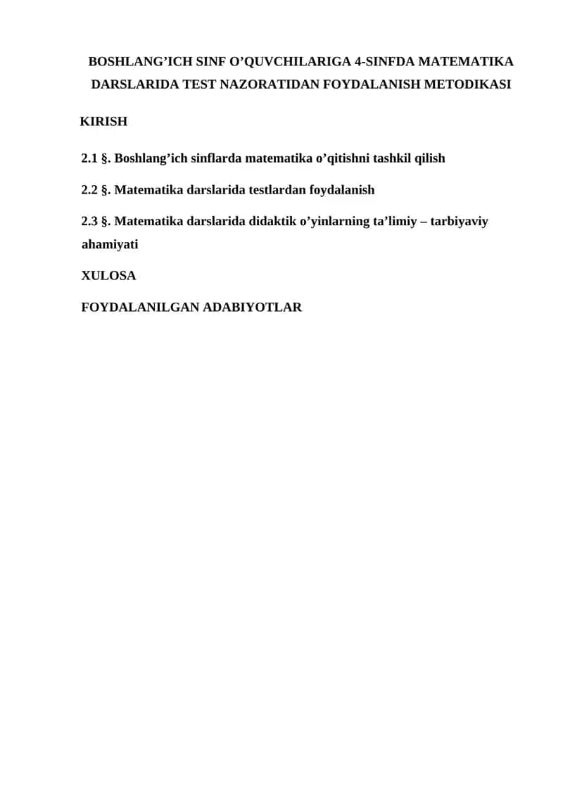4-SINF MATEMATIKA DARSLARIDA TEST NAZORATI