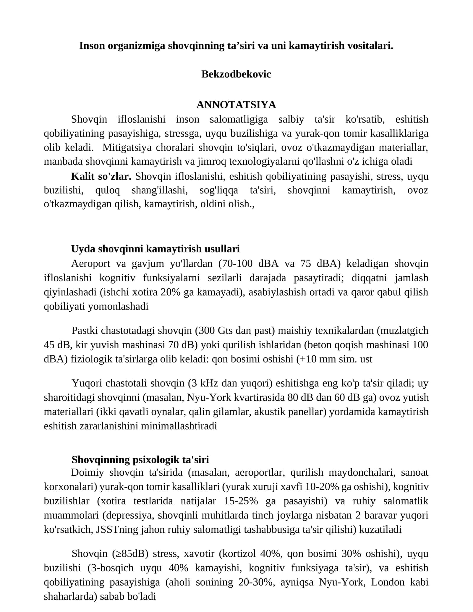 Inson organizmiga shovqinning ta’siri va uni kamaytirish vositalari