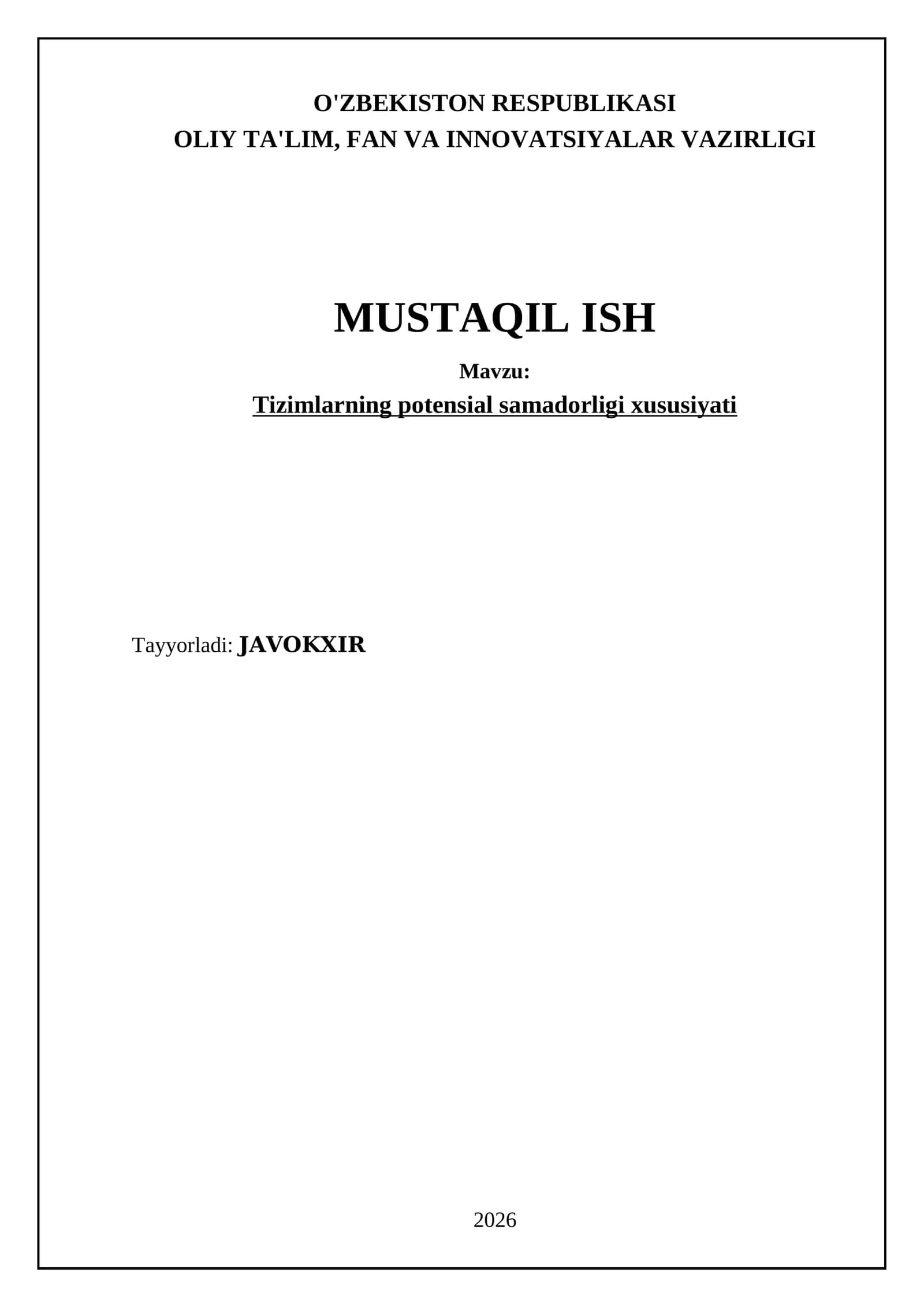 Tizimlarning potensial samadorligi xususiyati