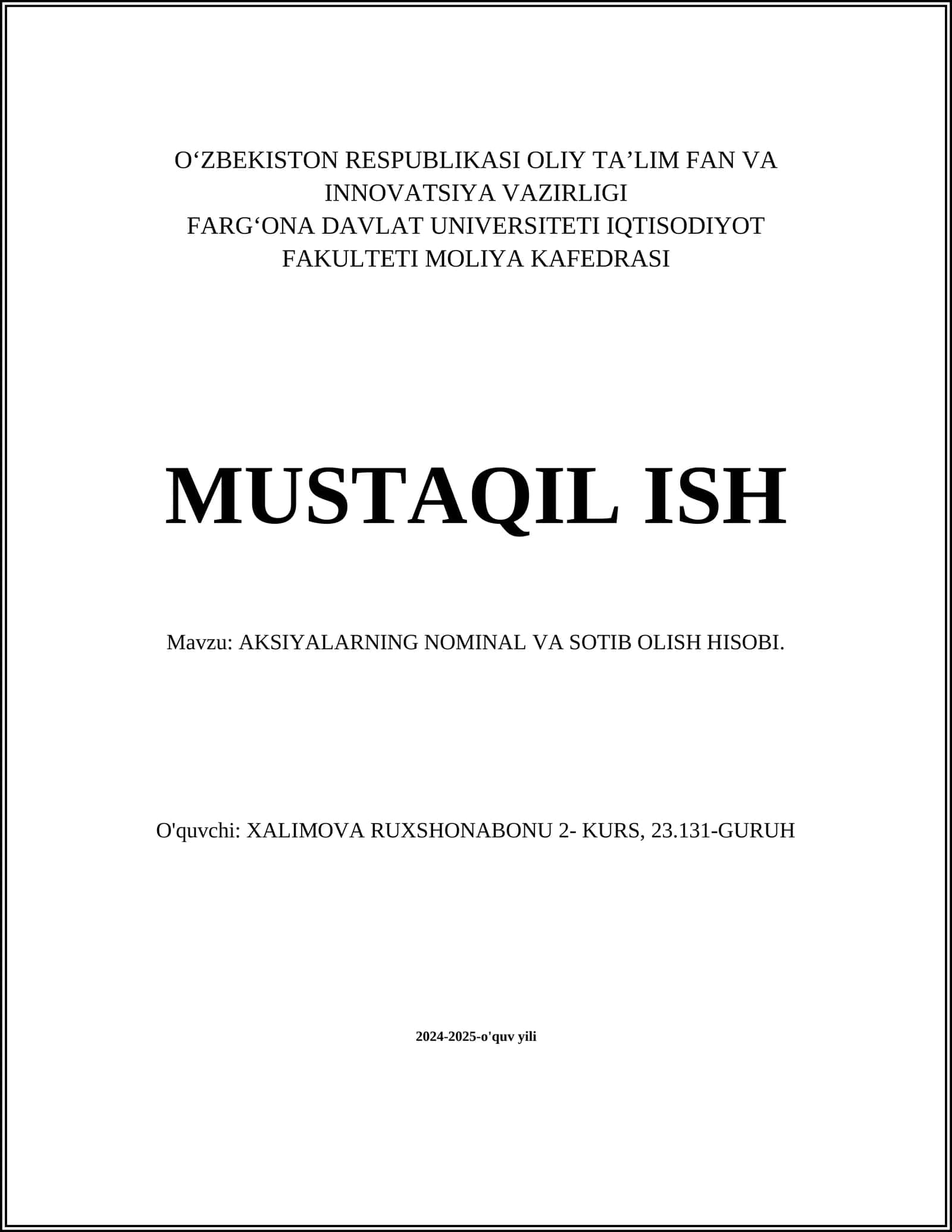 AKSIYALARNING NOMINAL VA SOTIB OLISH HISOBI