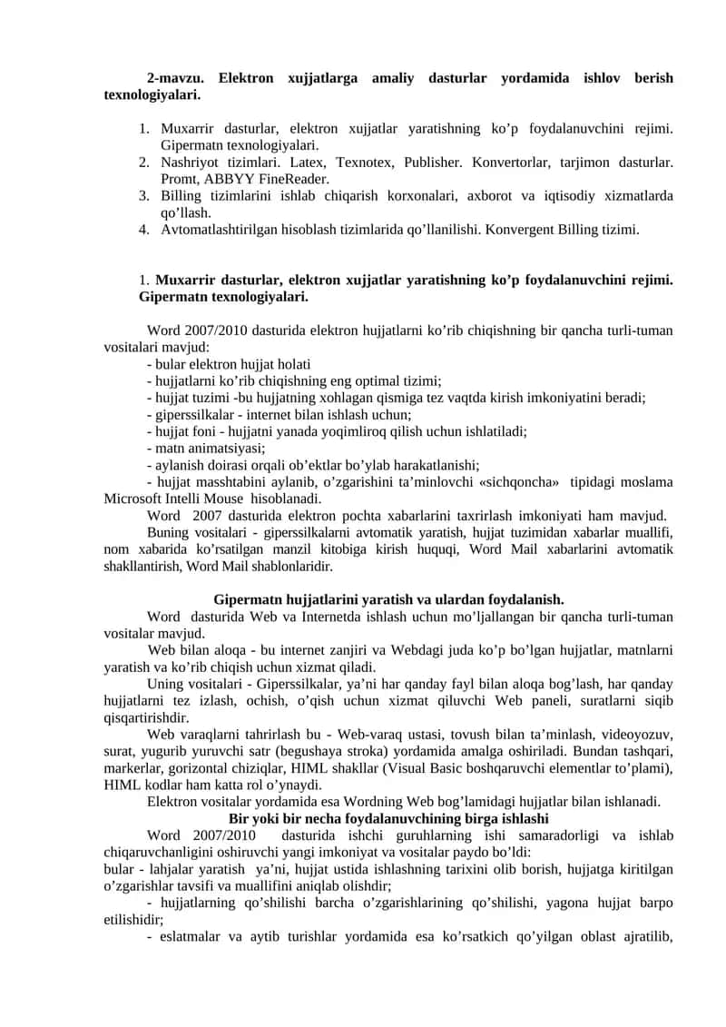 Elektron xujjatlarga amaliy dasturlar yordamida ishlov berish texnologiyalari