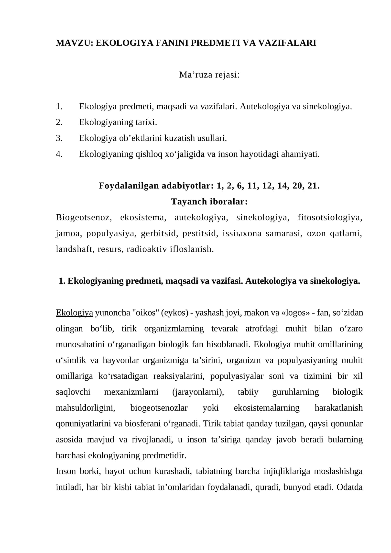 EKOLOGIYA FANINI PREDMETI VA VAZIFALARI