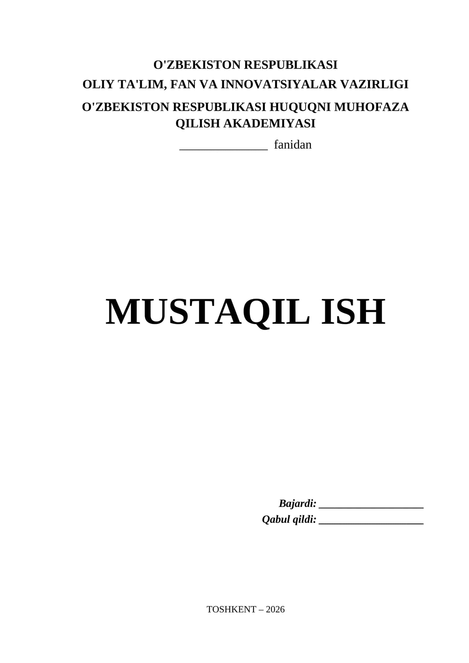 O'zbekiston Respublikasi Huquqni Muhofaza Qilish Akademiyasi Mustaqil Ish Titul Varaq (.docx)v