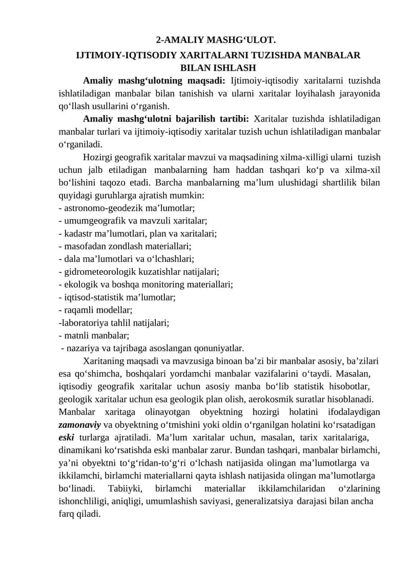 Ijtimoiy-iqtisodiy xaritalarni tuzishda manbalar bilan ishlash