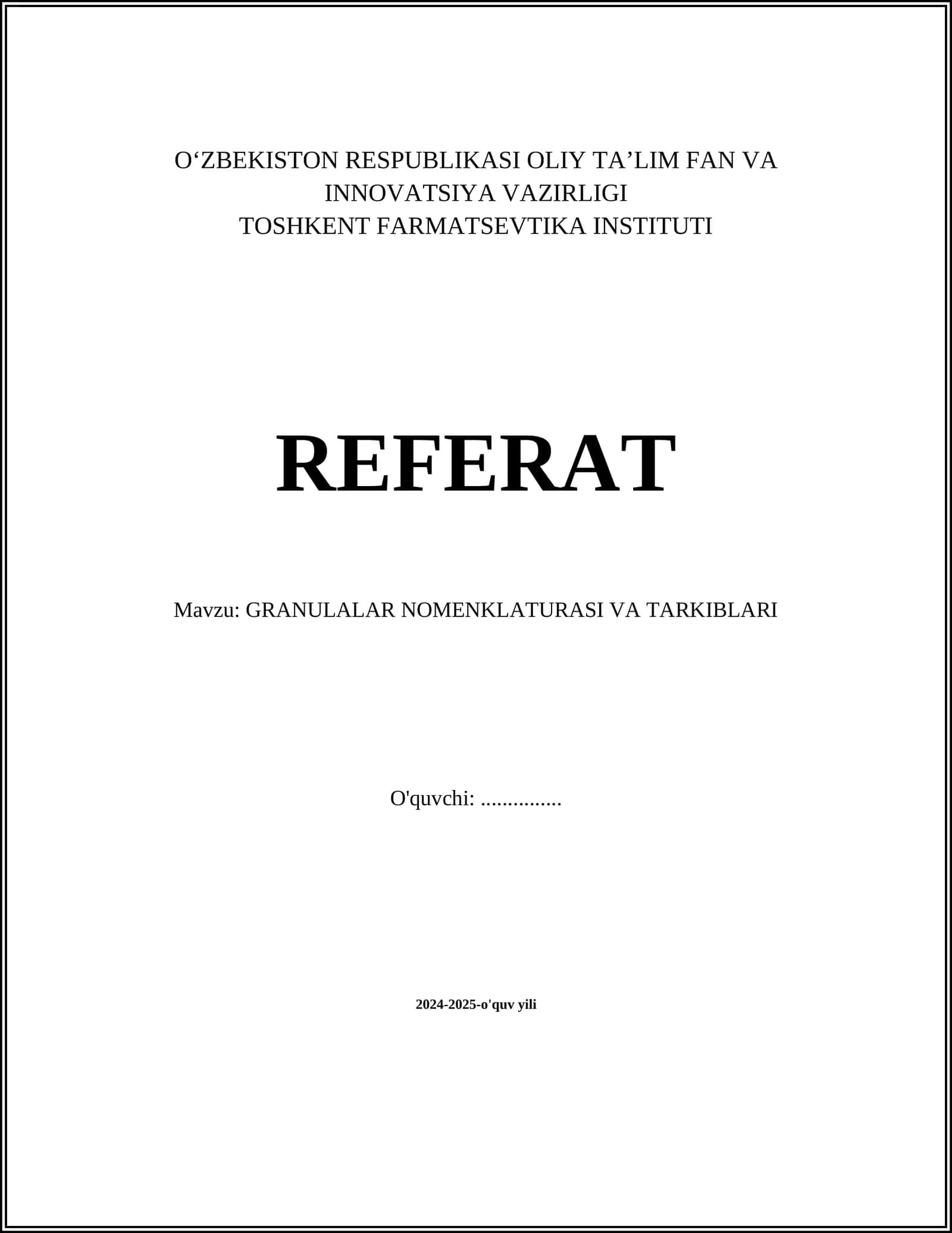GRANULALAR NOMENKLATURASI VA TARKIBLARI
