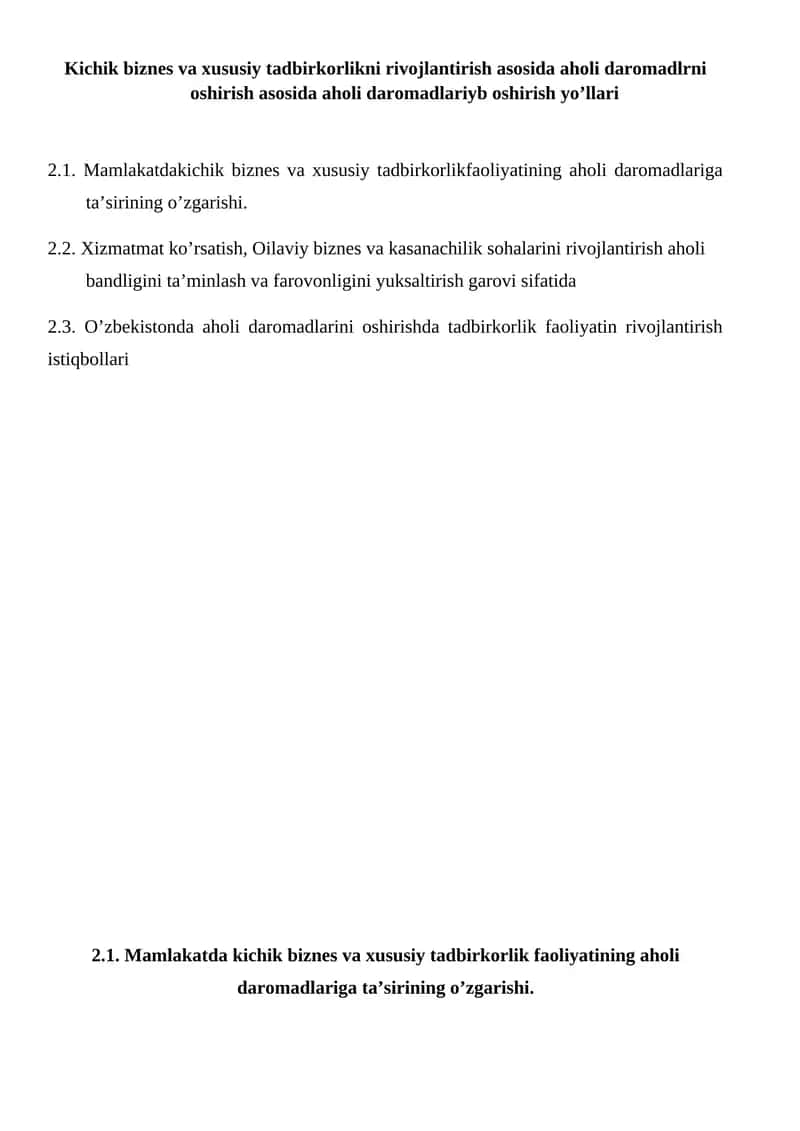 Kichik biznes va xususiy tadbirkorlik faoliyatining aholi daromadlariga ta’sirining o’zgarishi