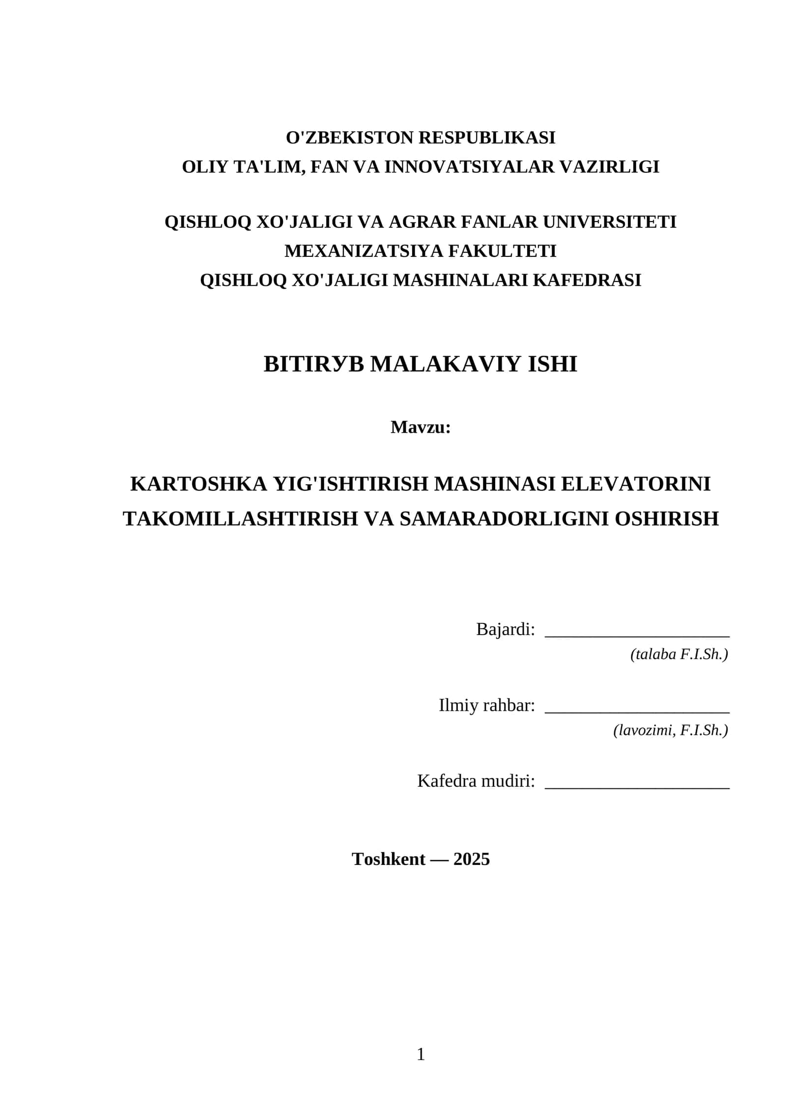KARTOSHKA YIG'ISHTIRISH MASHINASI ELEVATORINI
TAKOMILLASHTIRISH VA SAMARADORLIGINI OSHIRISH