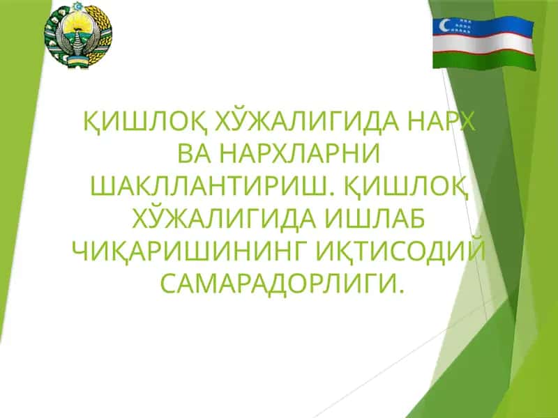 ҚИШЛОҚ ХЎЖАЛИГИДА НАРХ ВА НАРХЛАРНИ ШАКЛЛАНТИРИШ. ҚИШЛОҚ ХЎЖАЛИГИДА ИШЛАБ ЧИҚАРИШИНИНГ ИҚТИСОДИЙ САМАРАДОРЛИГИ.