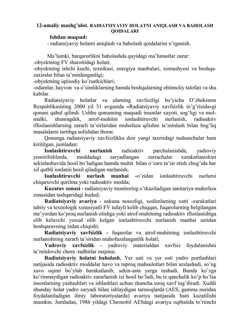 Radiatsiyaviy Holatni Aniqlash va Baholash Qoidalari