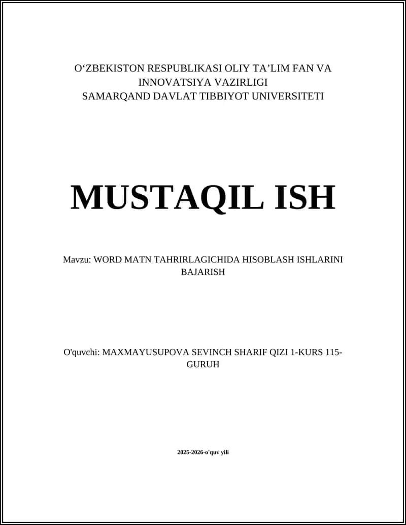 WORD MATN TAHRIRLAGICHIDA HISOBLASH ISHLARINI BAJARISH