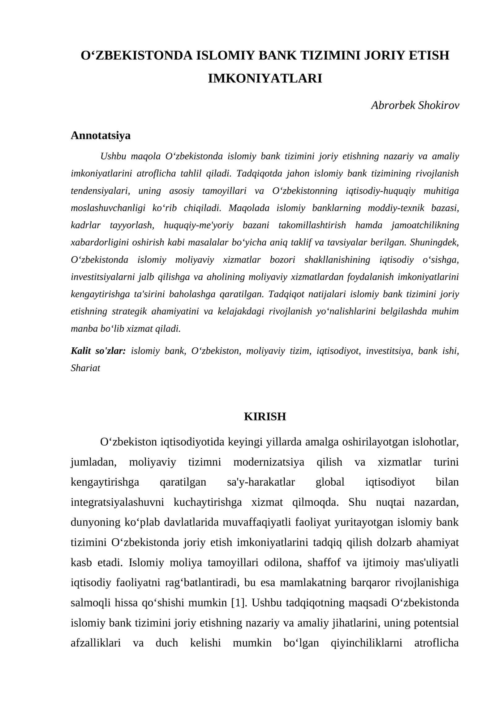 O‘ZBEKISTONDA ISLOMIY BANK TIZIMINI JORIY ETISH IMKONIYATLARI