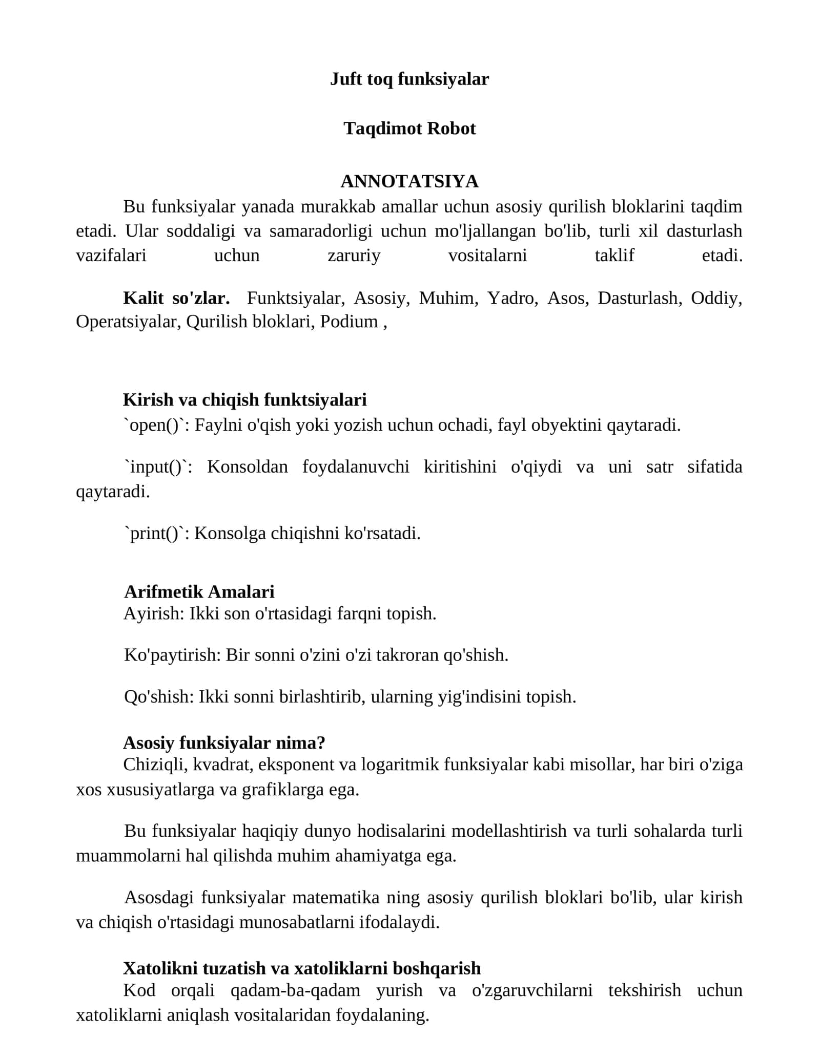 Juft toq funksiyalar