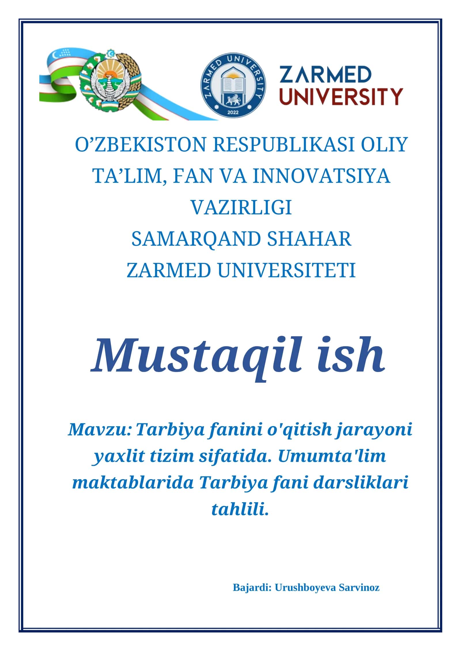 Tarbiya fanini o'qitish jarayoni yaxlit tizim sifatida