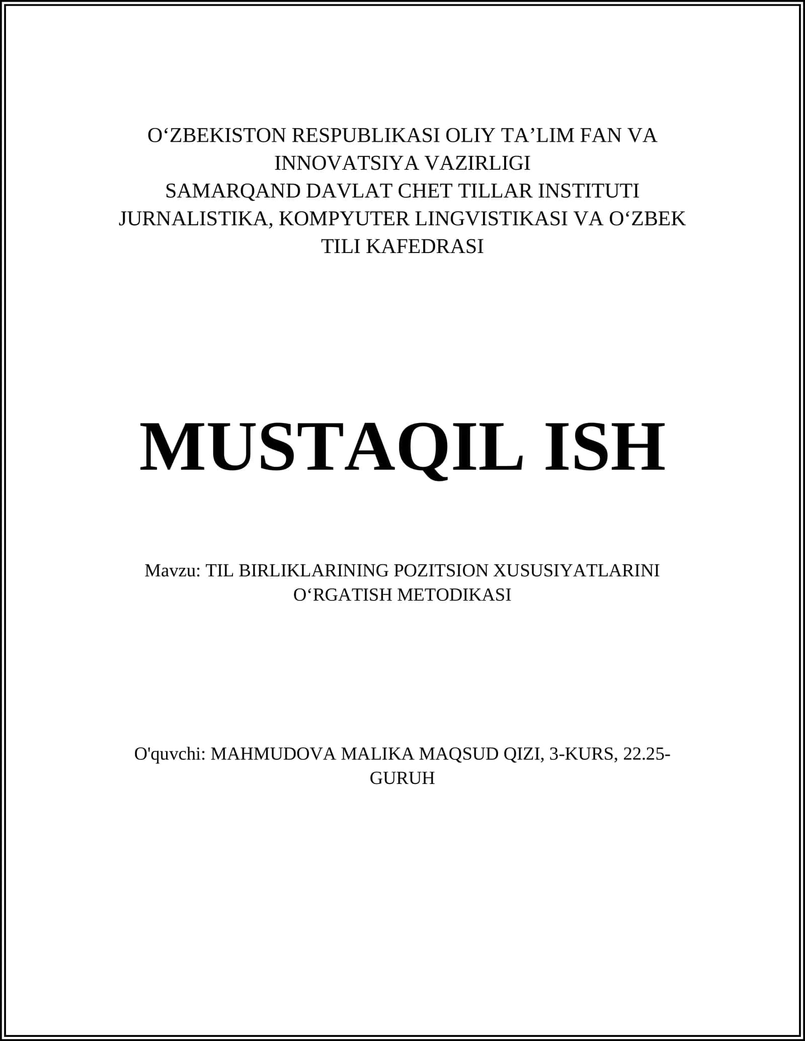 TIL BIRLIKLARINING POZITSION XUSUSIYATLARINI OʻRGATISH METODIKASI