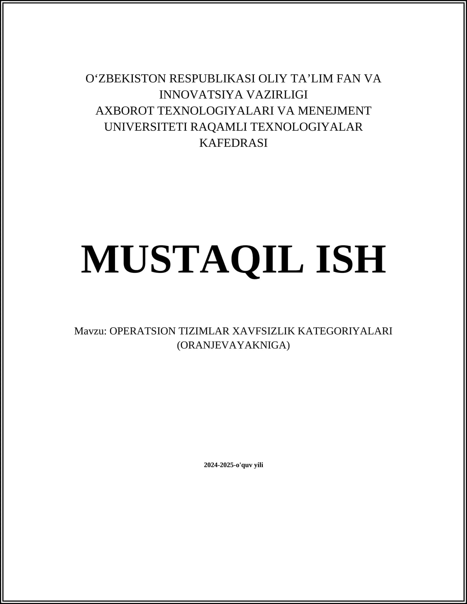 OPERATSION TIZIMLAR XAVFSIZLIK KATEGORIYALARI (ORANJEVAYAKNIGA)