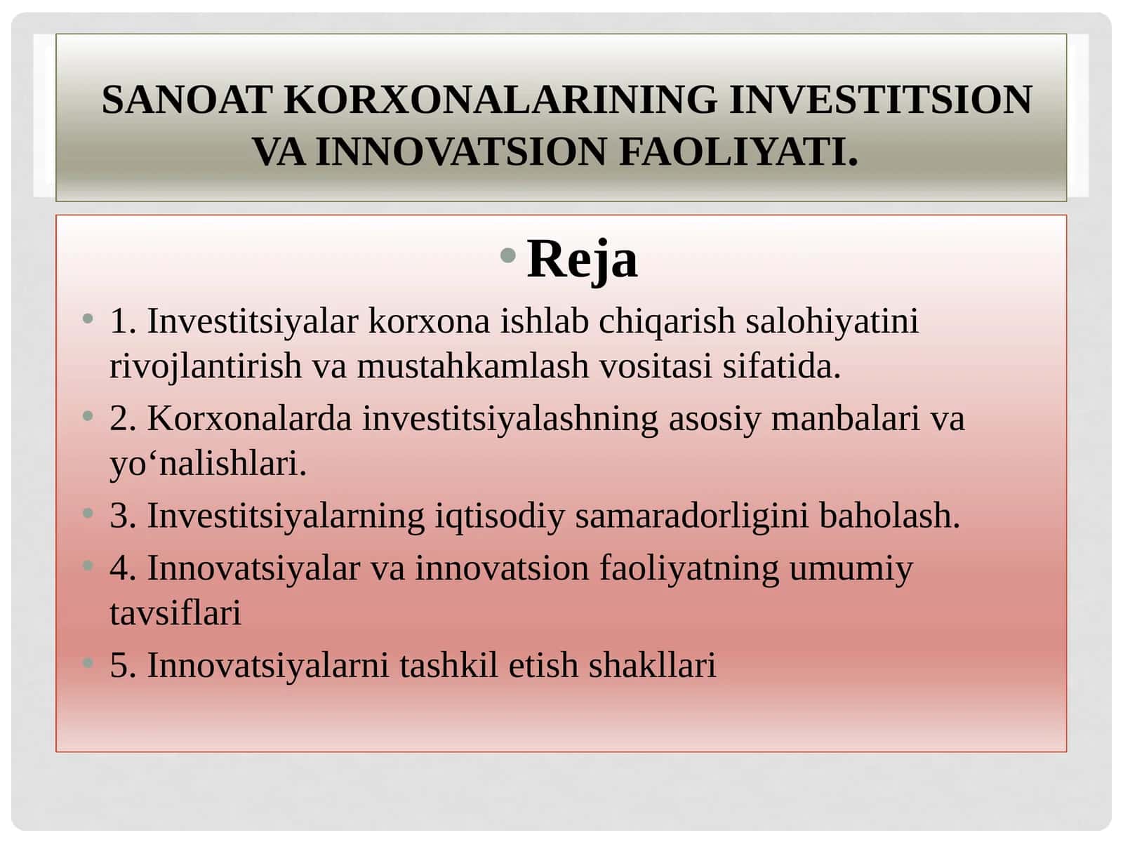Investitsiyalarning korxonada samaradorligini oshirish qo‘llanma