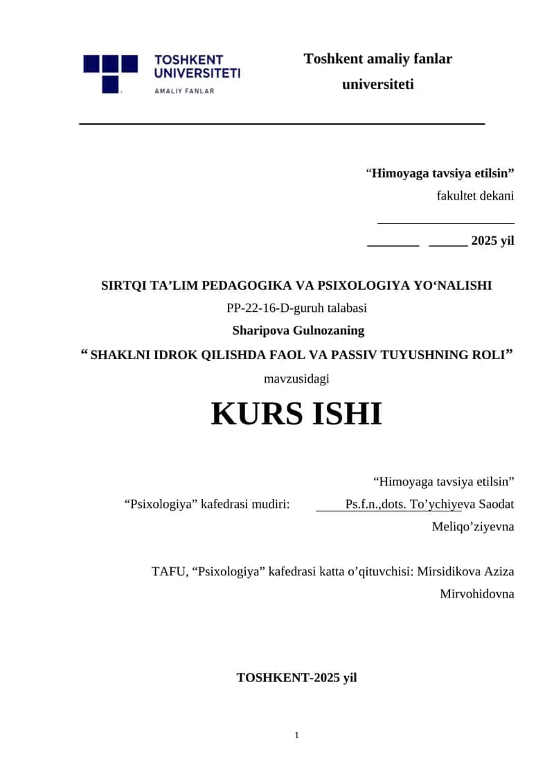 SHAKLNI IDROK QILISHDA FAOL VA PASSIV TUYUSHNING ROLI