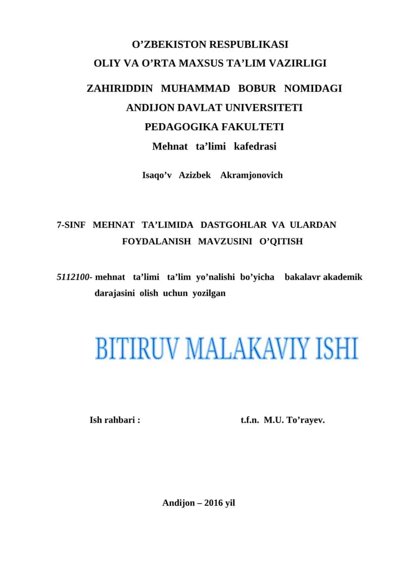 7-SINF MEHNAT TA’LIMIDA DASTGOHLAR VA ULARDAN FOYDALANISH MAVZUSINI O’QITISH