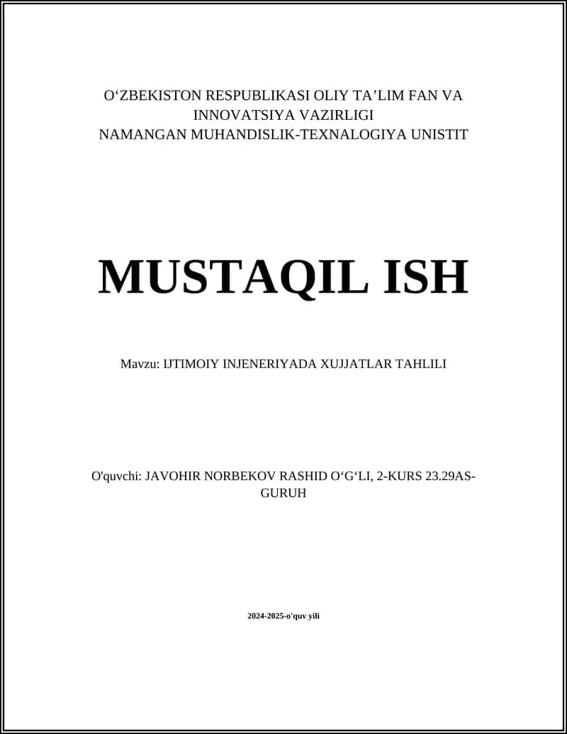 IJTIMOIY INJENERIYADA XUJJATLAR TAHLILI