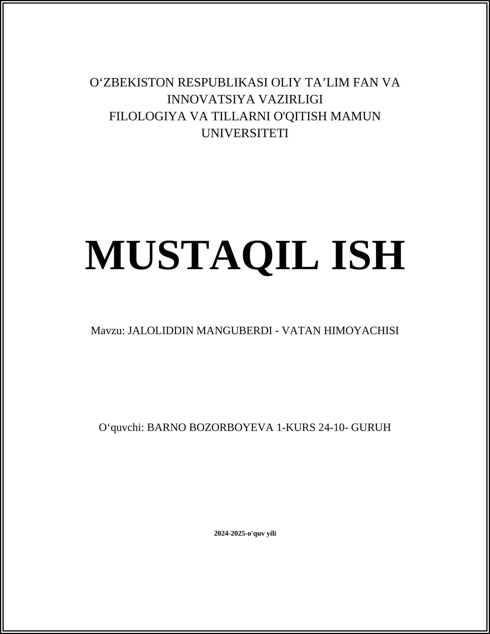 JALOLIDDIN MANGUBERDI - VATAN HIMOYACHISI