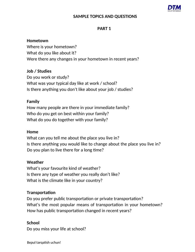 SAMPLE TOPICS AND QUESTIONS