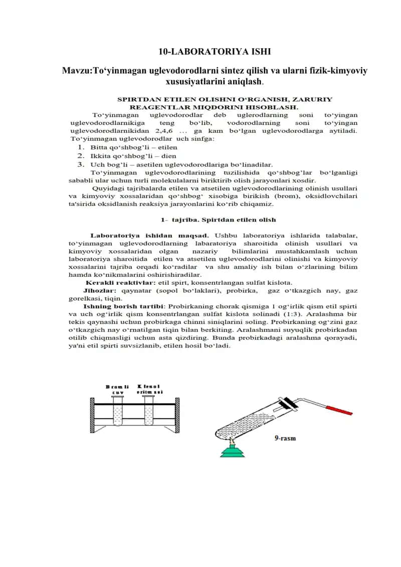 To‘yinmagan uglevodorodlarni sintez qilish va ularni fizik-kimyoviy xususiyatlarini aniqlash