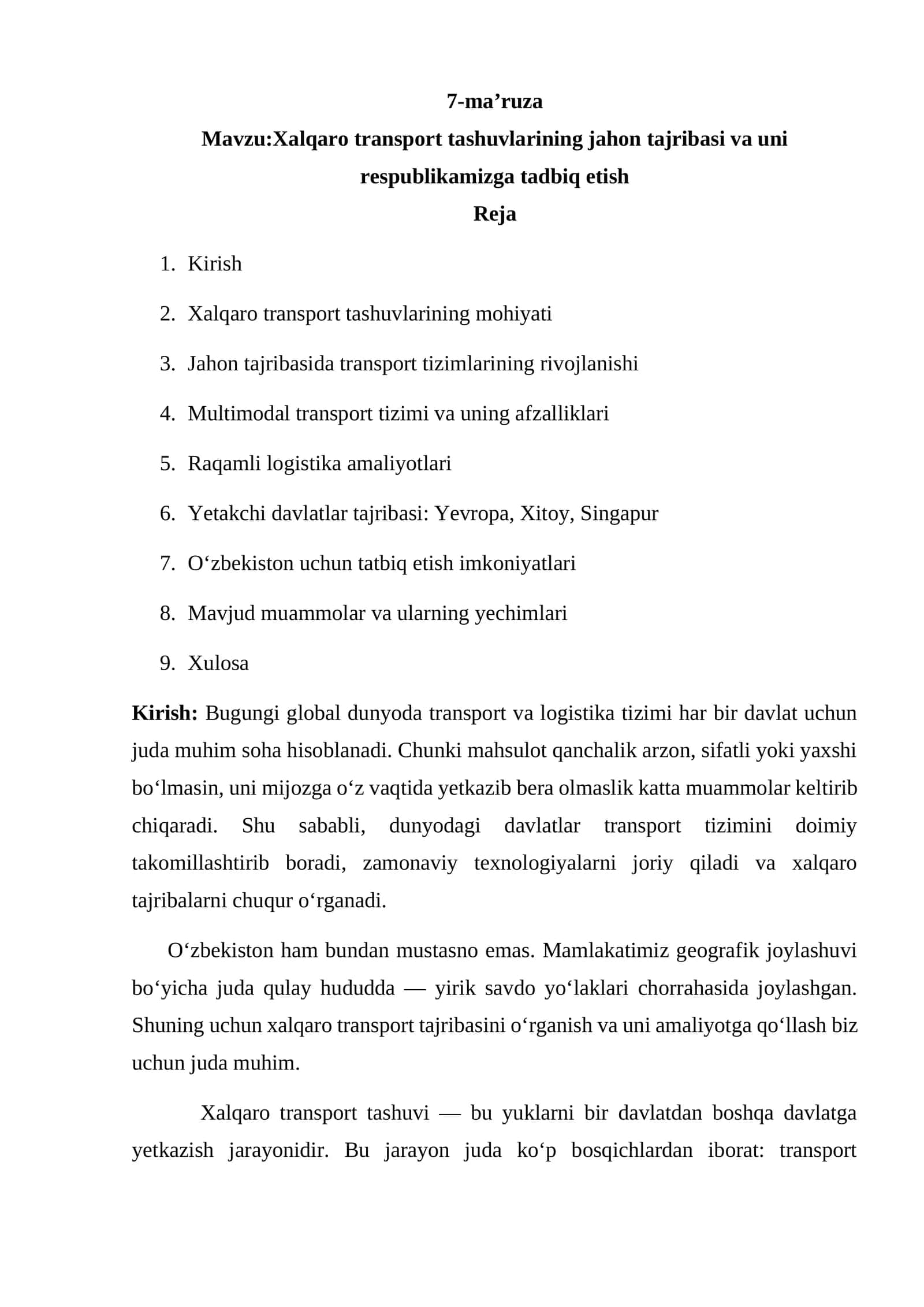 Хаlqаrо trаnspоrt tаshuvlаrining jаhоn tаjribаsi vа uni rеspublikаmizgа tаdbiq etish