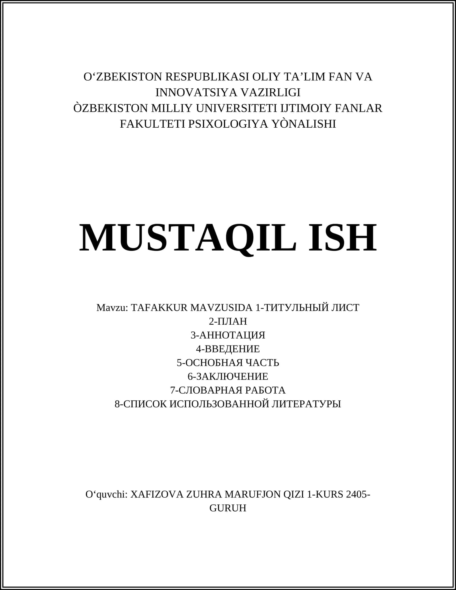 TAFAKKUR MAVZUSIDA