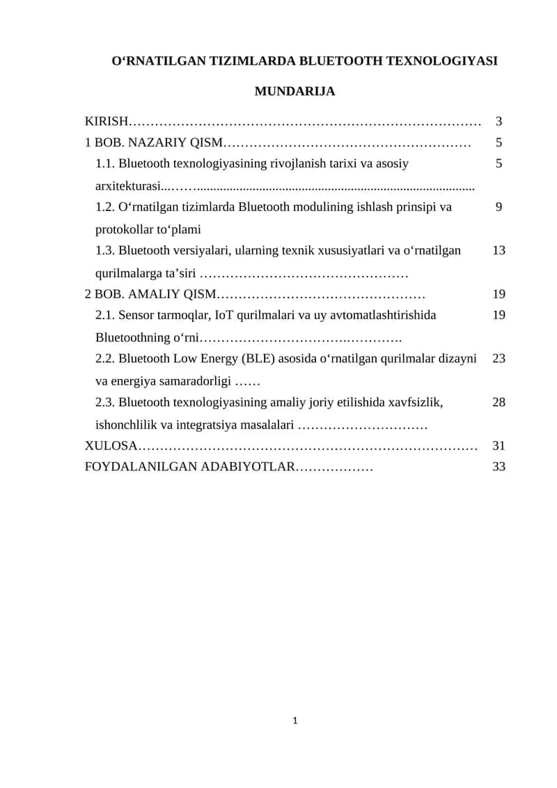 O‘RNATILGAN TIZIMLARDA BLUETOOTH TEXNOLOGIYASI