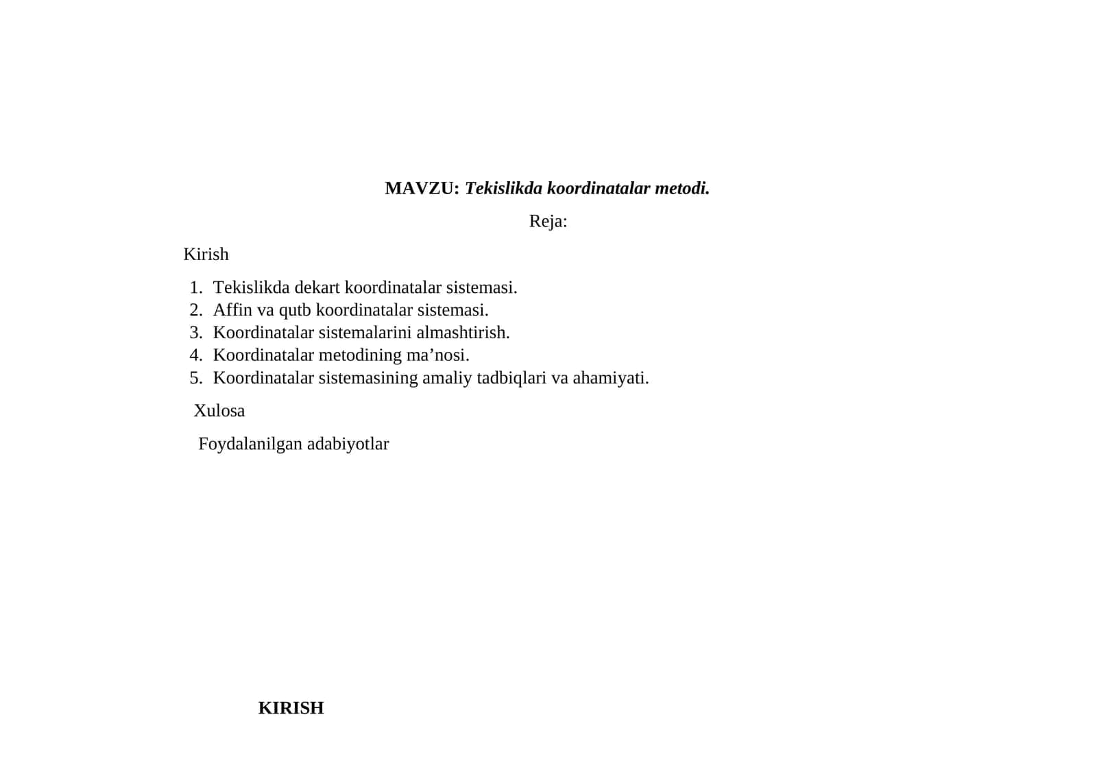 Tekislikda koordinatalar metodi