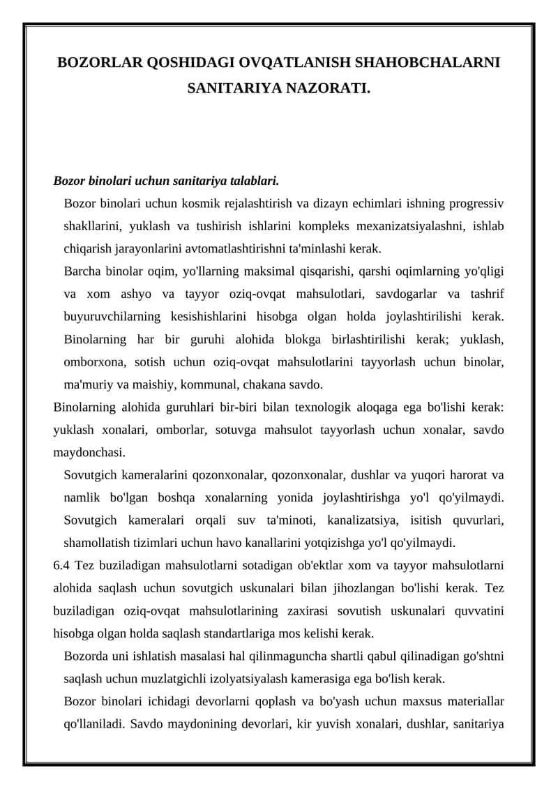Bozorlar Qoshidagi Ovqatlanish Shahobchalar Sanitariya Nazorati