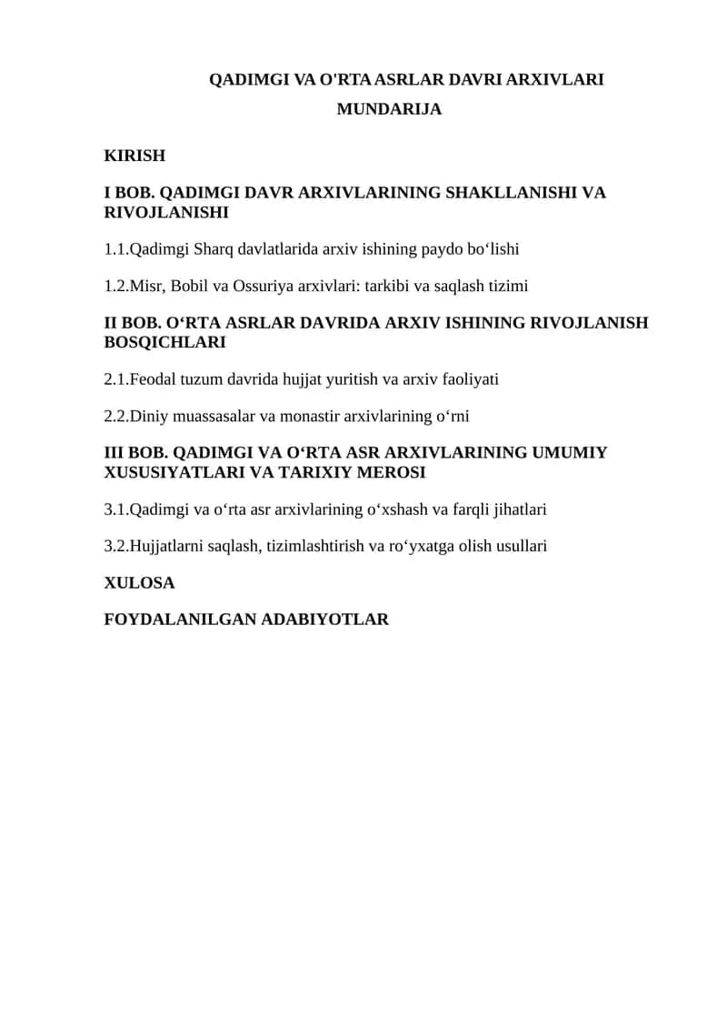 QADIMGI VA O'RTA ASRLAR DAVRI ARXIVLARI