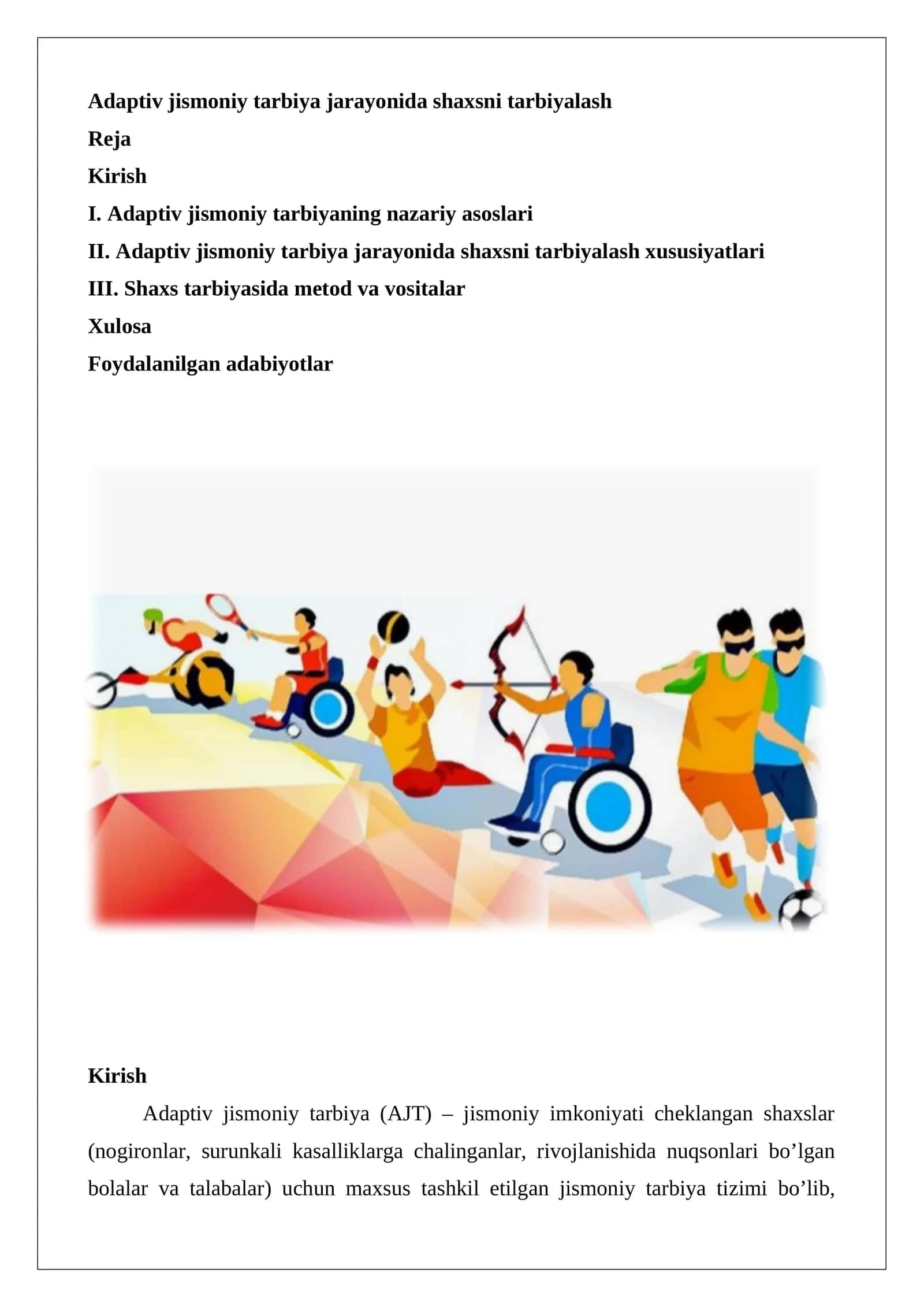 Adaptiv jismoniy tarbiya jarayonida shaxsni tarbiyalash