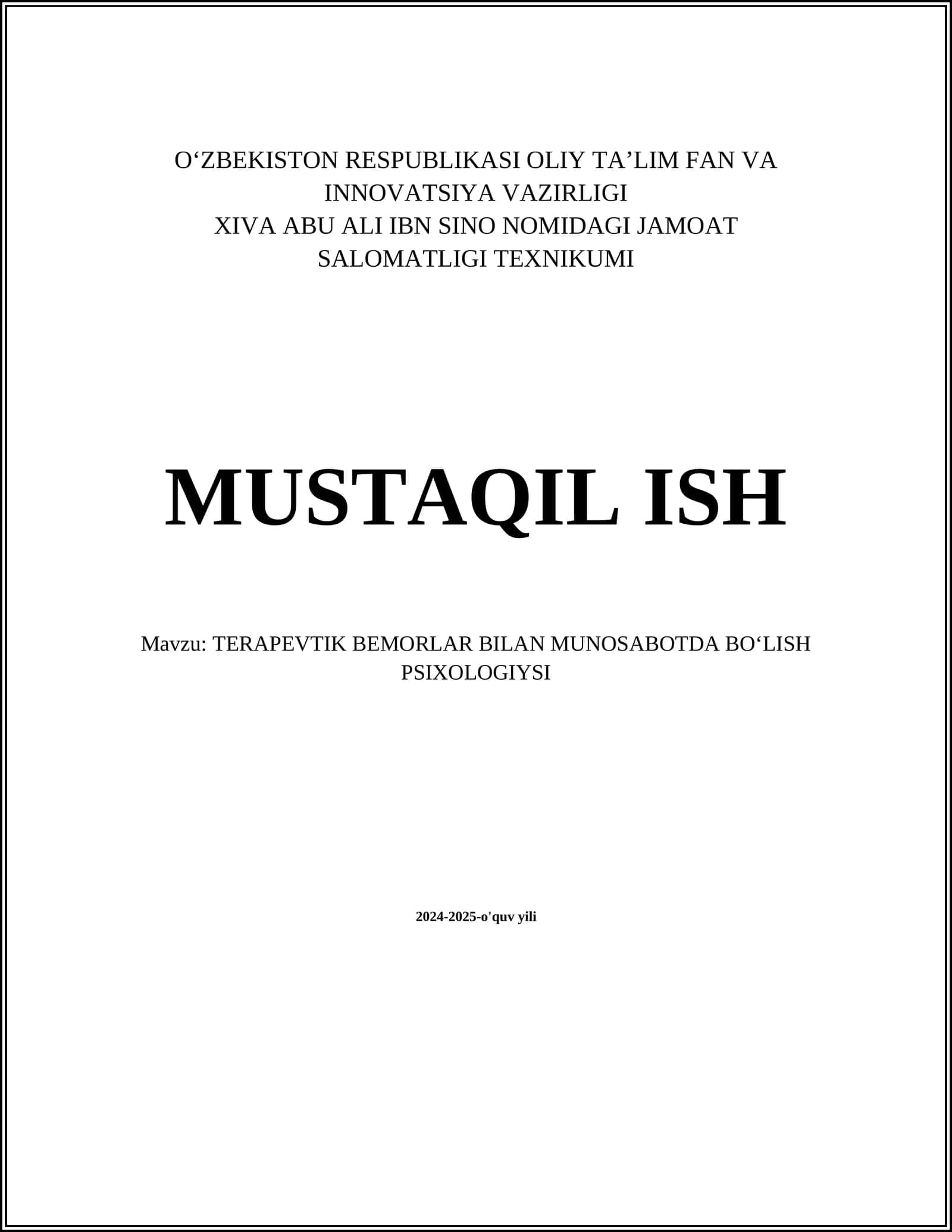 TERAPEVTIK BEMORLAR BILAN MUNOSABOTDA BOʻLISH PSIXOLOGIYSI