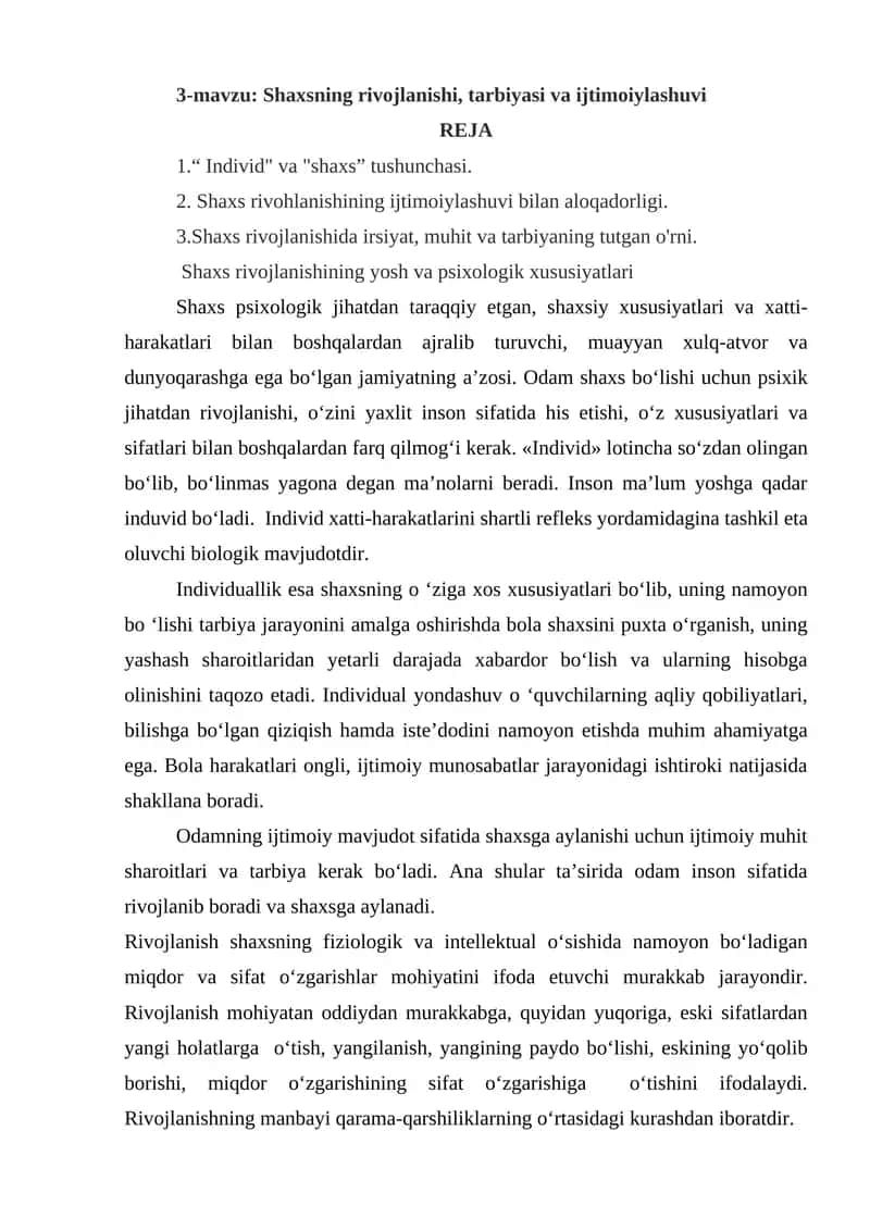 Shaxsning rivojlanishi, tarbiyasi va ijtimoiylashuvi