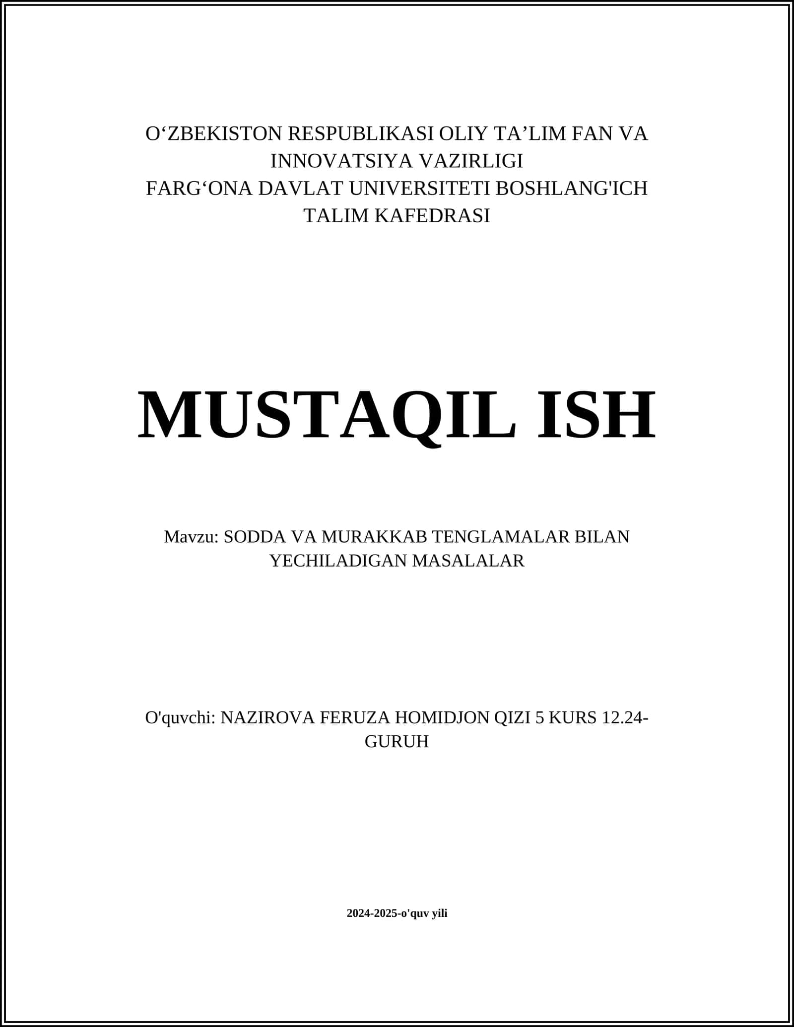 SODDA VA MURAKKAB TENGLAMALAR BILAN YECHILADIGAN MASALALAR