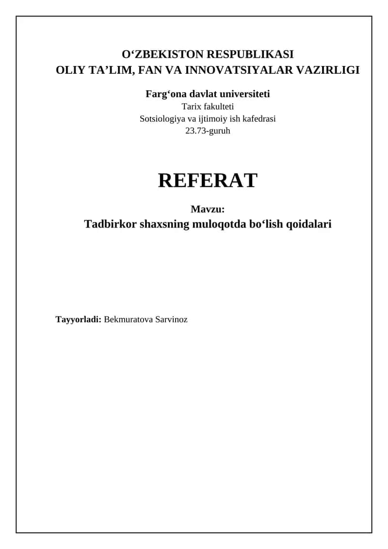 Tadbirkor shaxsning muloqotda boʻlish qoidalari